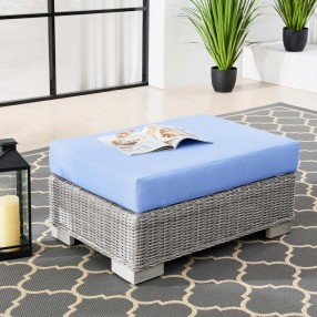 Modway Conway Outdoor Patio Wicker Rattan Ottoman in Light Gray Light Blue - Lifestyle