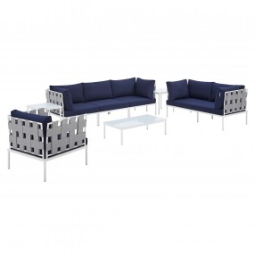 Modway Harmony 8-Piece Sunbrella® Outdoor Patio Aluminum Seating Set - Gray Navy - Set in Front Side Angle
