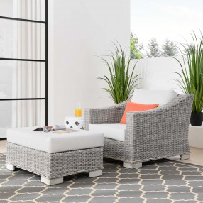 Modway Conway Outdoor Patio Wicker Rattan 2-Piece Armchair and Ottoman Set - White - Lifestyle