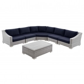 Modway Conway Outdoor Patio Wicker Rattan 6-Piece Sectional Sofa Furniture Set - Navy - Set in Front Side Angle