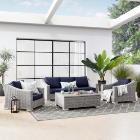 Modway Conway 4-Piece Outdoor Patio Wicker Rattan Furniture Set - Light Gray Navy - Lifestyle