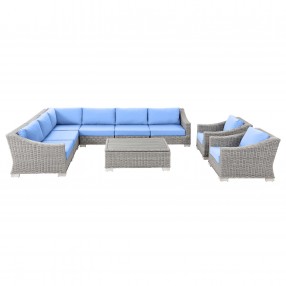 Modway Conway Outdoor Patio Wicker Rattan 9-Piece Sectional Sofa Furniture Set - Light Blue - Set in Front Angle
