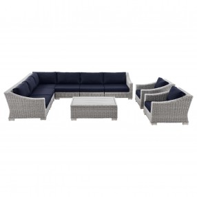 Modway Conway Outdoor Patio Wicker Rattan 9-Piece Sectional Sofa Furniture Set - Navy - Set in Front Angle