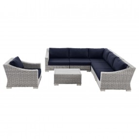 Modway Conway Outdoor Patio Wicker Rattan 7-Piece Sectional Sofa Furniture Set - Navy - Set in Front Angle