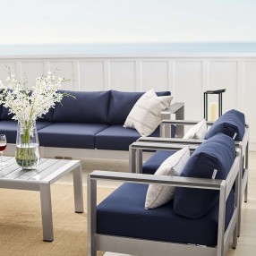 Modway Shore Sunbrella® Fabric Outdoor Patio Aluminum 7 Piece Sectional Sofa Set - Silver Navy - Lifestyle
