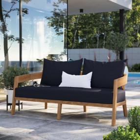 Modway Brisbane Teak Wood Outdoor Patio Loveseat in Natural Navy - Lifestyle