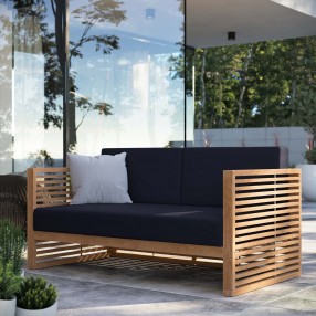 Modway Carlsbad Teak Wood Outdoor Patio Loveseat in Natural Navy - Lifestyle