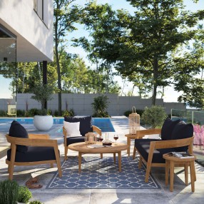 Modway Brisbane 6-Piece Teak Wood Outdoor Patio Set - Natural Navy - Lifestyle