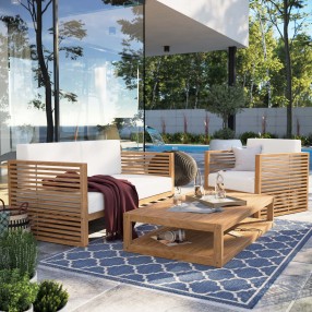 Modway Carlsbad 3-Piece Teak Wood Outdoor Patio Set - Natural White - Lifestyle