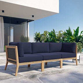Modway Clearwater Outdoor Patio Teak Wood Sofa in Gray Navy - Lifestyle