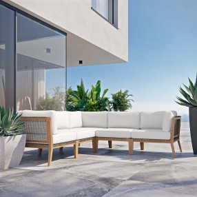 Modway Clearwater Outdoor Patio Teak Wood 5-Piece Sectional Sofa in Gray White - Lifestyle
