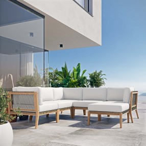 Modway Clearwater Outdoor Patio Teak Wood 6-Piece Sectional Sofa - Gray White - Lifestyle