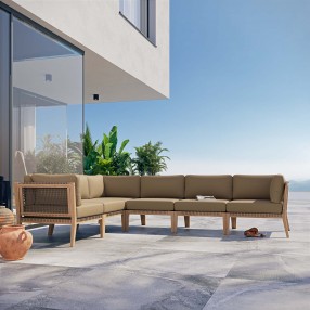 Modway Clearwater Outdoor Patio Teak Wood 6-Piece Sectional Sofa - Gray Light Brown - Lifestyle
