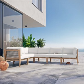 Modway Clearwater Outdoor Patio Teak Wood 6-Piece Sectional Sofa - Gray White - Lifestyle