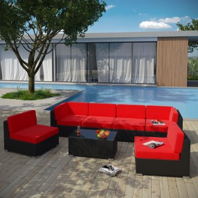 Modway Aero 7 Piece Outdoor Patio Sectional Set in Espresso Red - Lifestyle