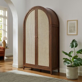 Modway Calista 79" Tall Wide Rattan Arched Storage Cabinet Walnut