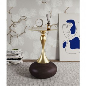 Manhattan Comfort Modern Patchin End Table with Round Metal Base in Brown Wood with Gold Tabletop