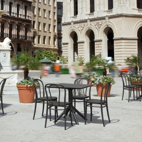 Compamia Victor Patio Dining Set with 4 Chairs in Black - Lifestyle