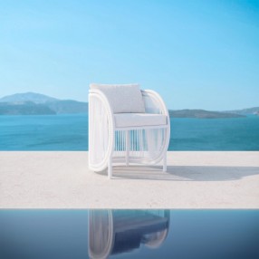 Azzurro Kamari Dining Chair With Matte White Aluminum and White Mist All-Weather Texteline Rope - Lifestyle