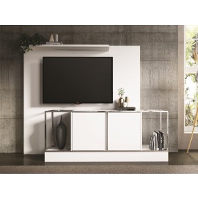 Noa Tall Entertainment Center In Matte White With Chromed Metal Frame - Lifestyle
