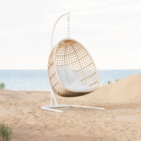 Azzurro Kiawah Hanging Chair With Matte White Aluminum Frame And Almond All-Weather Wicker - Lifestyle