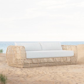 Azzurro Kiawah 3 Seat Sofa With Matte White Aluminum Frame and Almond All-Weather Wicker - Lifestyle