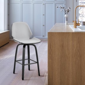 Armen Living Arabela 26" Gray Faux Leather and Black Wood Swivel Bar Stool