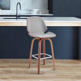 Armen Living Arabela 26" Faux Leather and Walnut Wood Swivel Bar Stool Gray