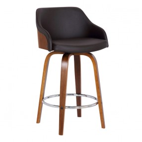 Armen Living Alec 30" Bar  Height Swivel Brown Faux Leather and Walnut Wood Bar Stool
