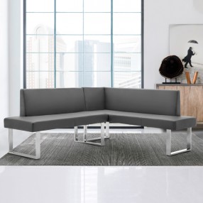 Armen Living Amanda Contemporary Nook Corner Dining Bench in Gray Faux Leather and Chrome Finish