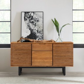 Armen Living Aldo Brown Oak Sideboard Buffet Cabinet in Brown Oak Wood with Black Metal Legs