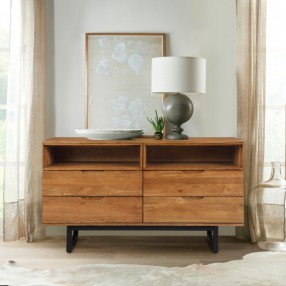 Armen Living Aldo 4 Drawer Dresser in Brown Oak Wood with Black Metal Legs