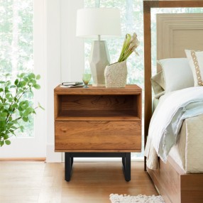 Armen Living Aldo 1 Drawer Nightstand In Brown Oak Wood With Black Metal Legs