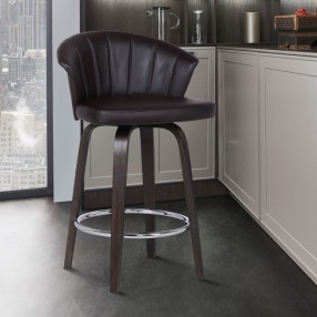 Armen Living Ashley Wood Back 26" Swivel Brown Faux Leather Bar Stool