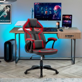 Aspect Adjustable Racing Gaming Chair in Black Faux Leather and Red Mesh with Lumbar Support Pillow