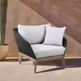 Armen Living Athos Indoor Outdoor Club Chair in Light Eucalyptus Wood with Latte Rope and Grey Cushions