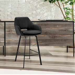 Armen Living Aura Gray Faux Leather and Black Metal Swivel 30" Bar Stool