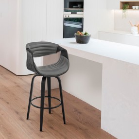 Armen Living Arya 26" Swivel Counter Stool in Gray Faux Leather and Black Wood