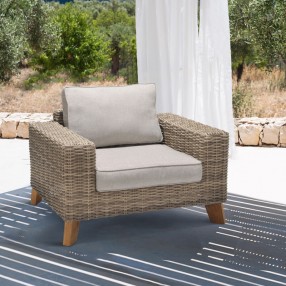 Armen Living Bahamas Outdoor Wicker & Teak Wood Lounge Chair with Beige Olefin