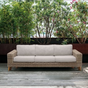Armen Living Bahamas Outdoor Wicker & Teak Wood Sofa with Beige Olefin