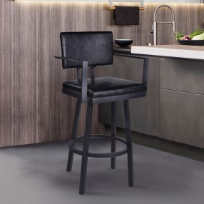 Armen Living Balboa 26" Counter Height Swivel Vintage Black Faux Leather and Metal Bar Stool with Arms