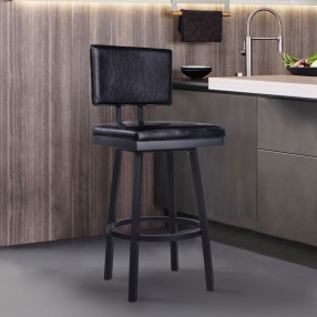 Armen Living Balboa Swivel Vintage Black Faux Leather and Metal Bar Stool