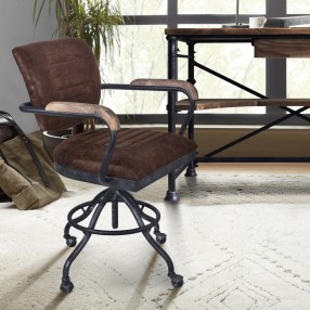 Armen Living Brice Modern Office Chair In Industrial Gray Finish And Brown Fabric With Pine Wood Arms