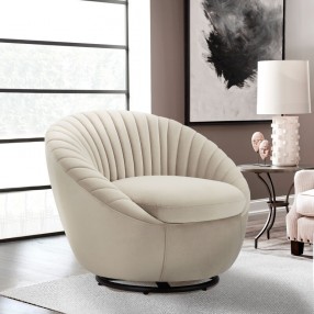 Bella Biege Velvet Swivel Accent Chair with Black Base