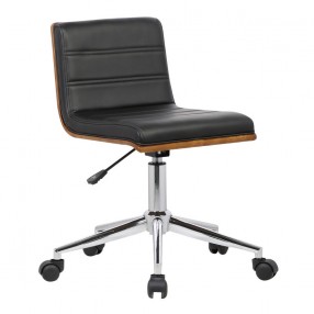 Armen Living Bowie Mid-Century Office Chair In Chrome finish With Black Faux Leather And Walnut Veneer Back