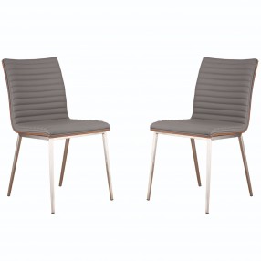 Armen Living Café Brushed Stainless Steel Dining Chair in Gray Faux Leather with Walnut Back - Set of 2 - Angled