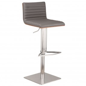 Café Adjustable Brushed Stainless Steel Barstool in Gray Faux Leather with Walnut Back