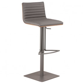Café Adjustable Height Swivel Grey Faux Leather and Walnut Wood Bar Stool with Grey Metal Base