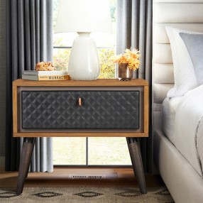 Armen Living Coco Rustic Single Drawer Oak Wood and Faux Leather Nightstand in Black