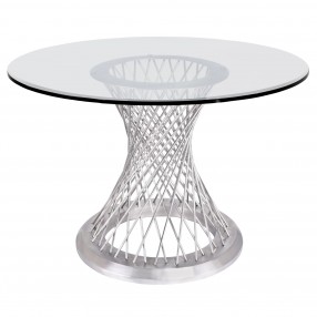 Armen Living Calypso Contemporary Dining Table in Brushed Stainless Steel with Clear Tempered Glass Top - Angled